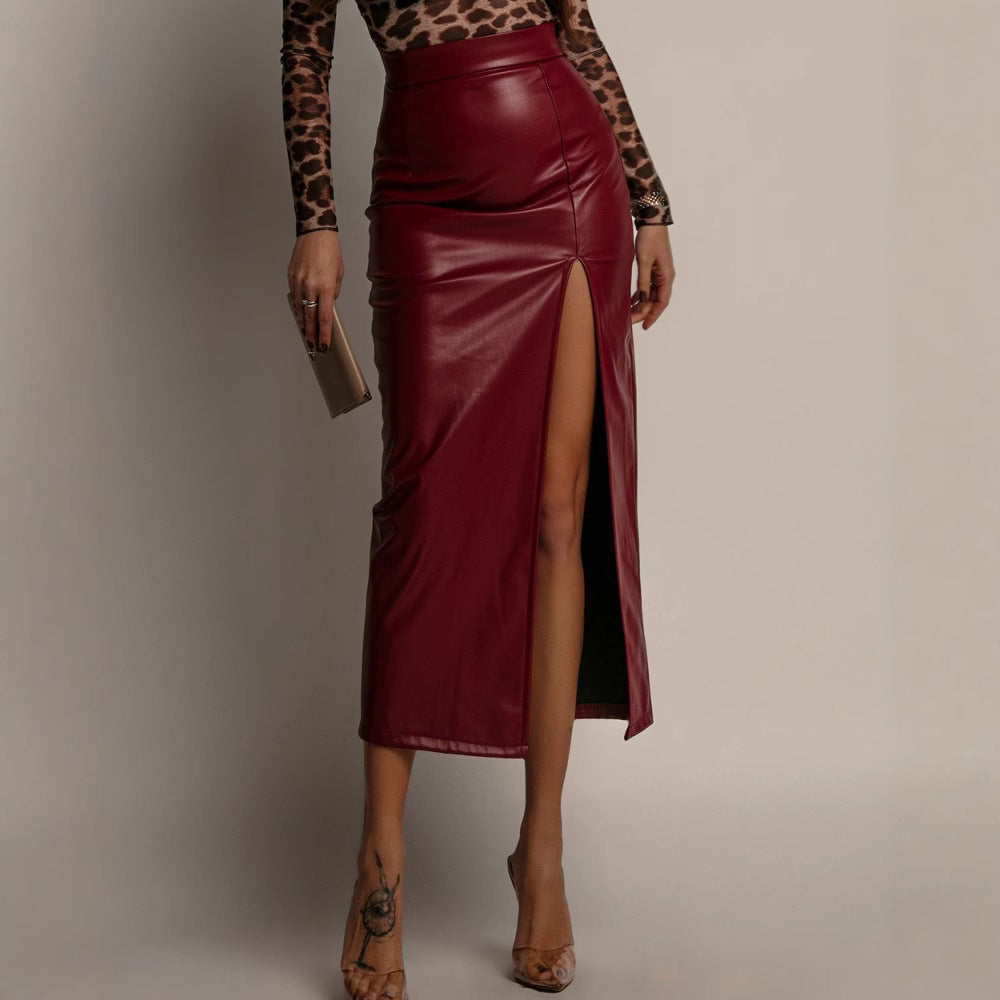The Verona Leather Front-Slit Midi Skirt