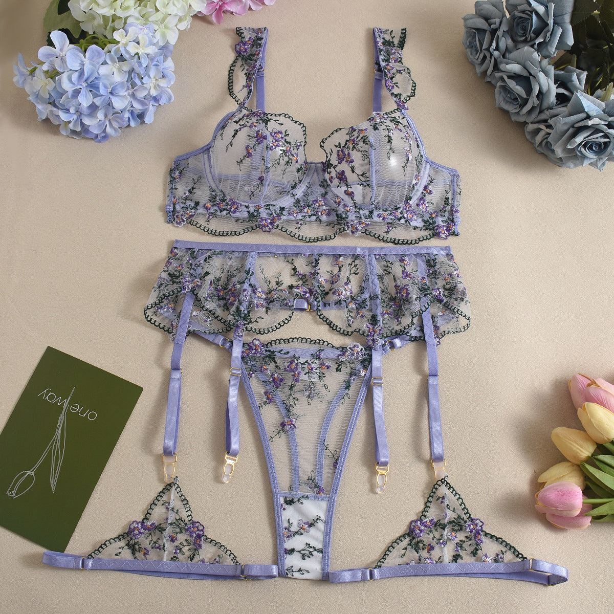 The Marseille Embroidered Sheer Lace Lingerie Set