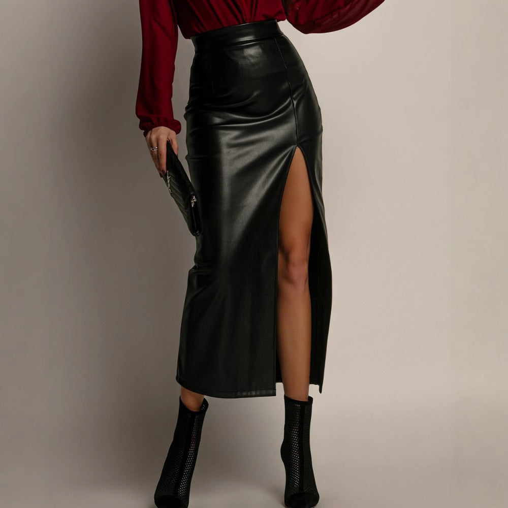 The Verona Leather Front-Slit Midi Skirt