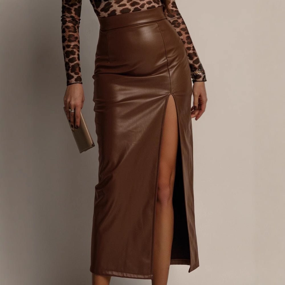 The Verona Leather Front-Slit Midi Skirt