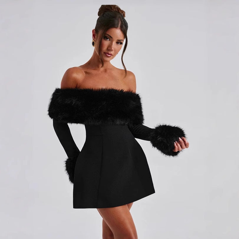 The Capri Off-Shoulder Faux-Fur Trim Mini Dress