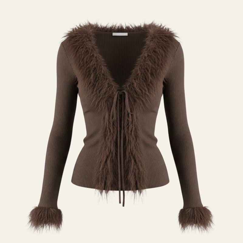 The Geneva Faux-Fur Trim V-Neck Knit Top