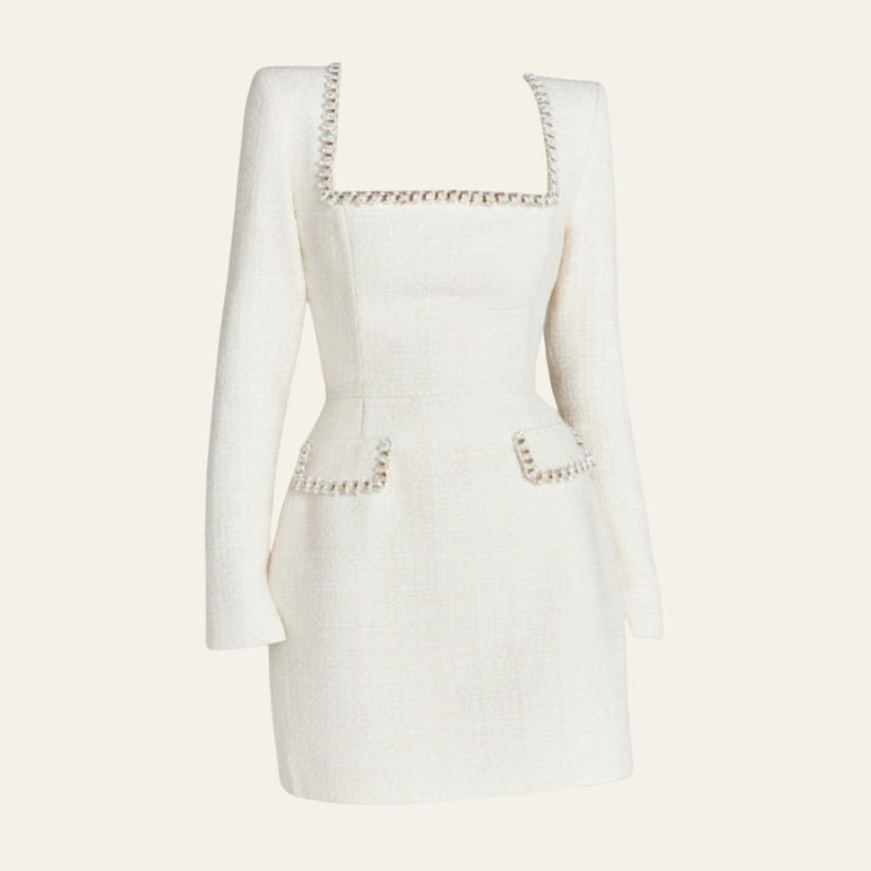 The Monaco Pearl-Trim Square-Neck Mini Dress