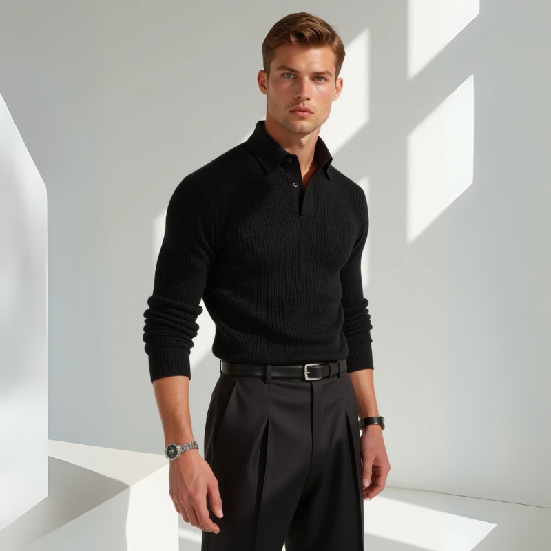 The Positano Ribbed Cotton Polo in Black