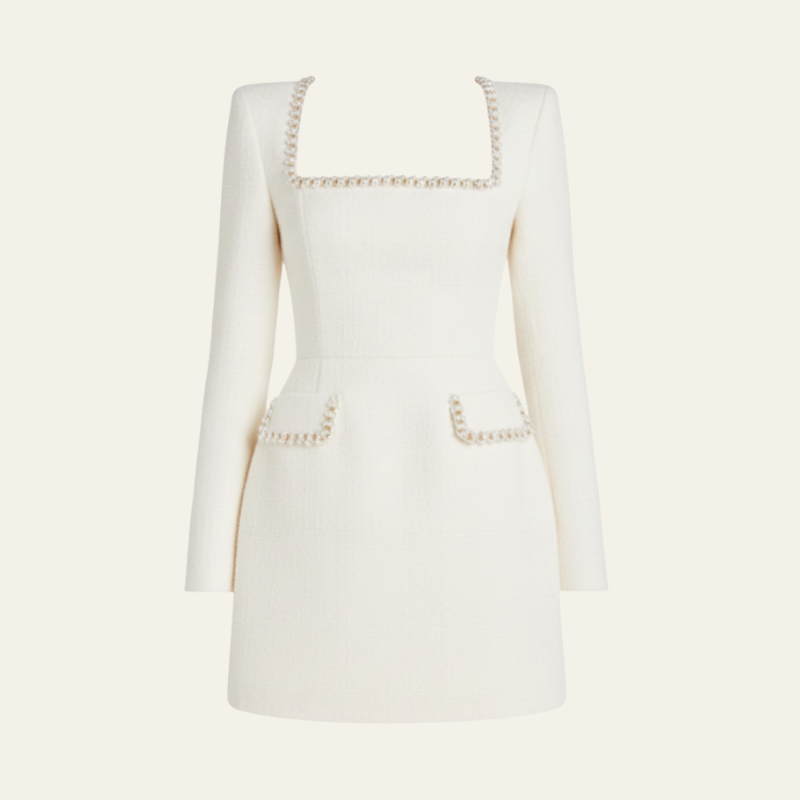 The Monaco Pearl-Trim Square-Neck Mini Dress
