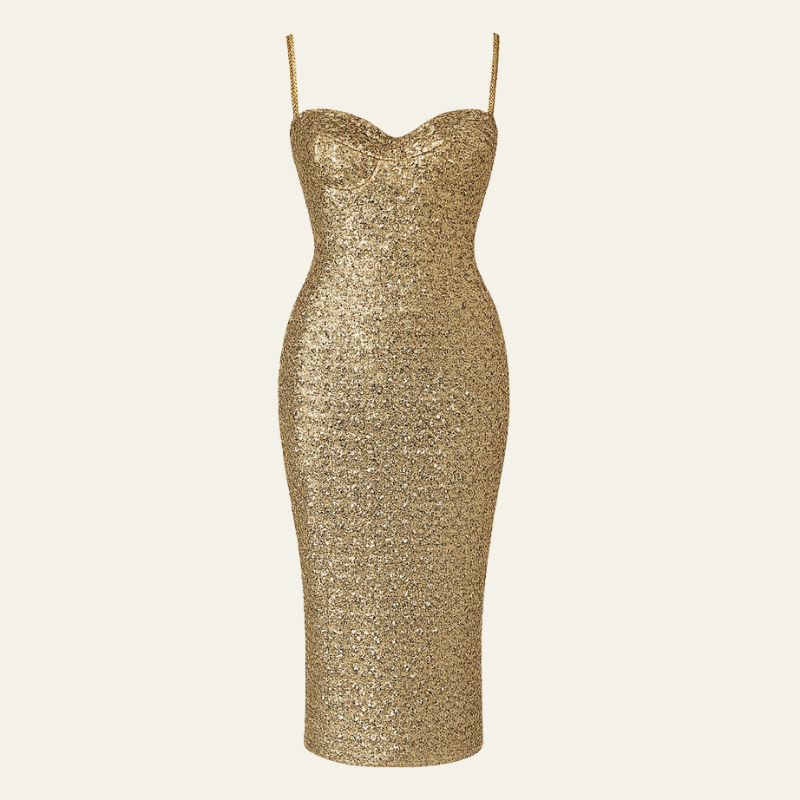 The Portofino Gold Sequin Midi Dress