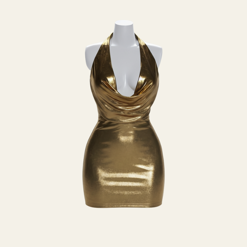 The Elara Metallic Drape Mini Dress