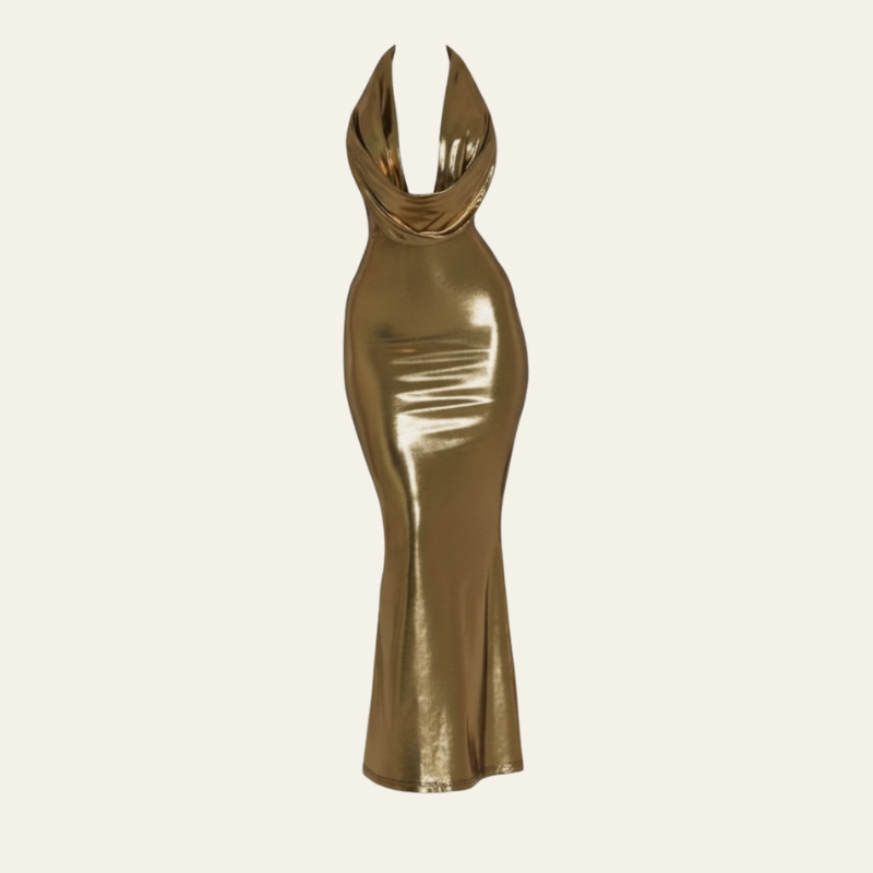The Vionne Metallic Drape Maxi Dress