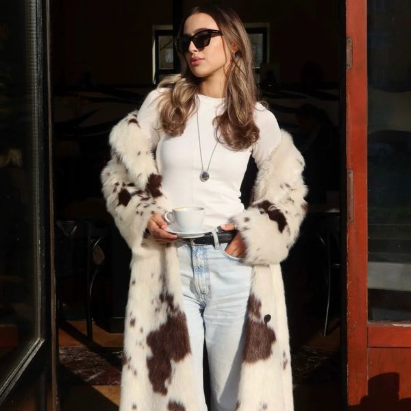 The Aspen Faux Fur Cow Print Coat